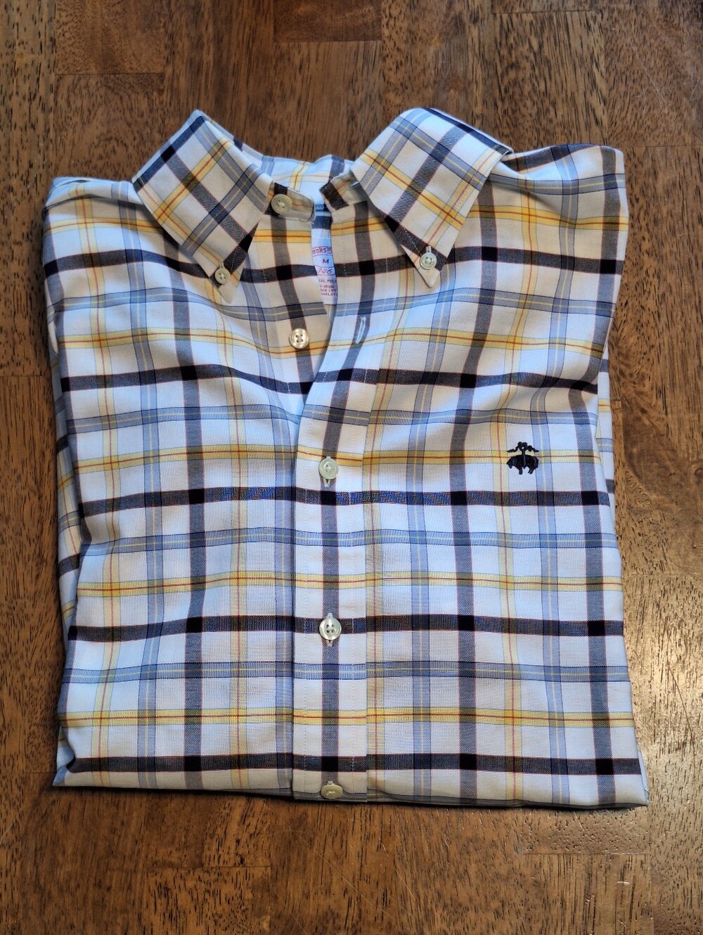 Brooks Brothers Supima Cotton Button-Down Plaid Shirt - White, Blue & Yellow - M